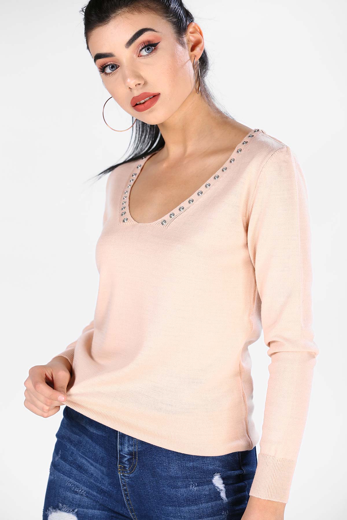 Women's Faux Buttoned Powder Rose Tricot Pullover