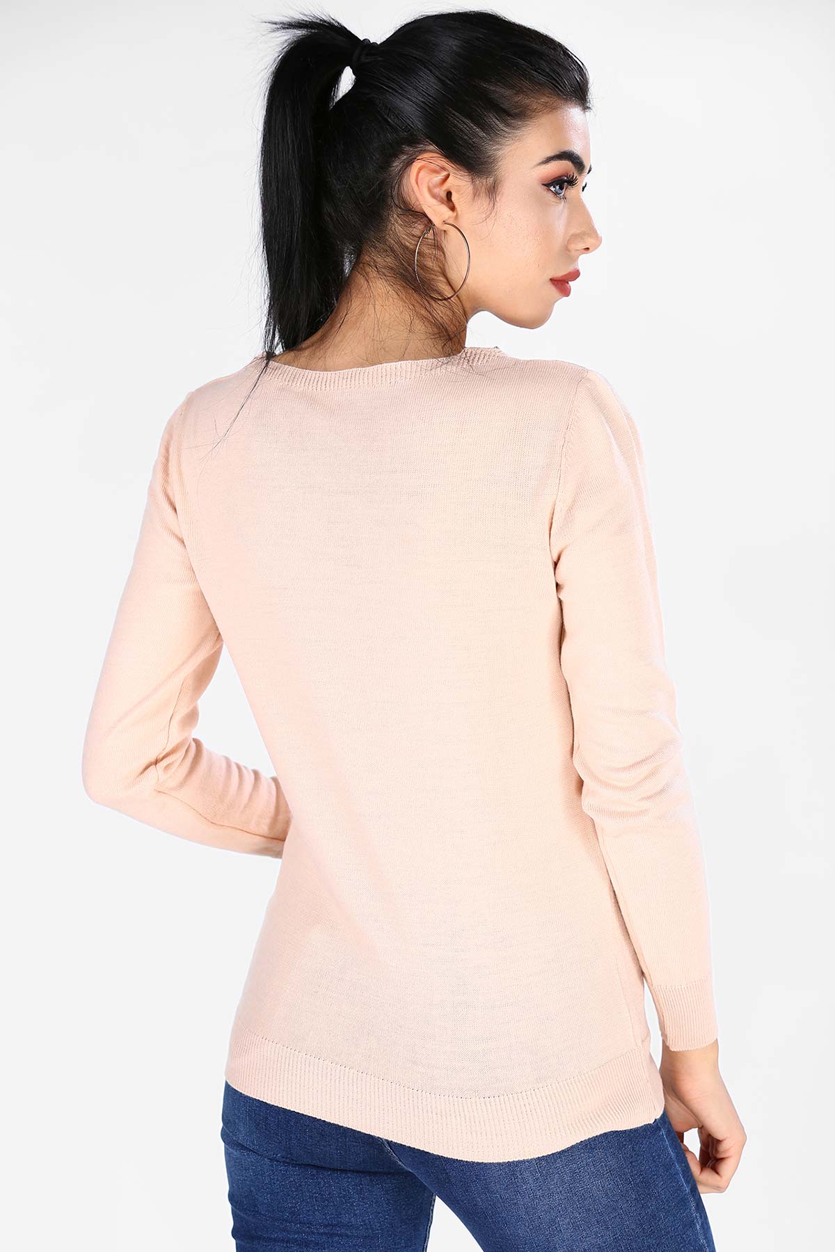 Women's Faux Buttoned Powder Rose Tricot Pullover