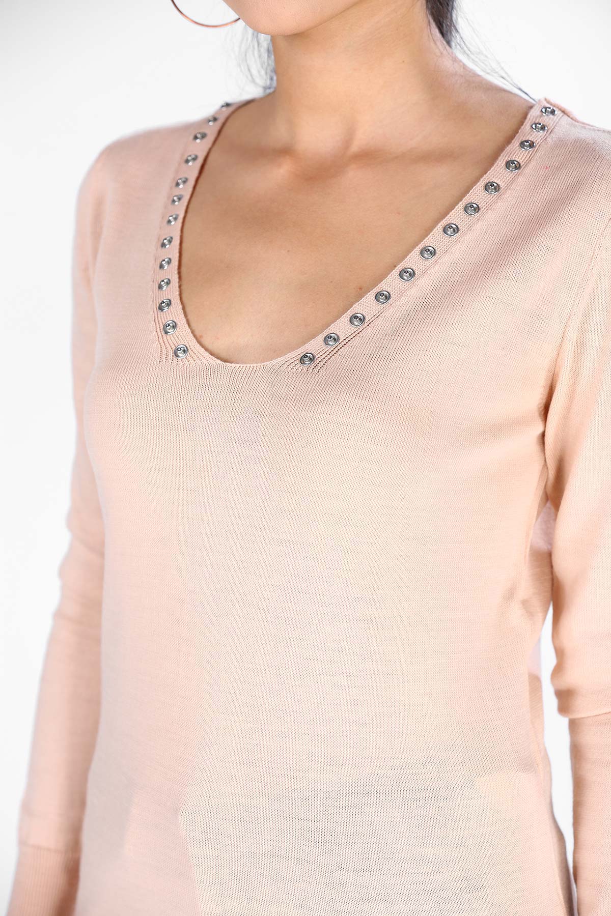 Women's Faux Buttoned Powder Rose Tricot Pullover