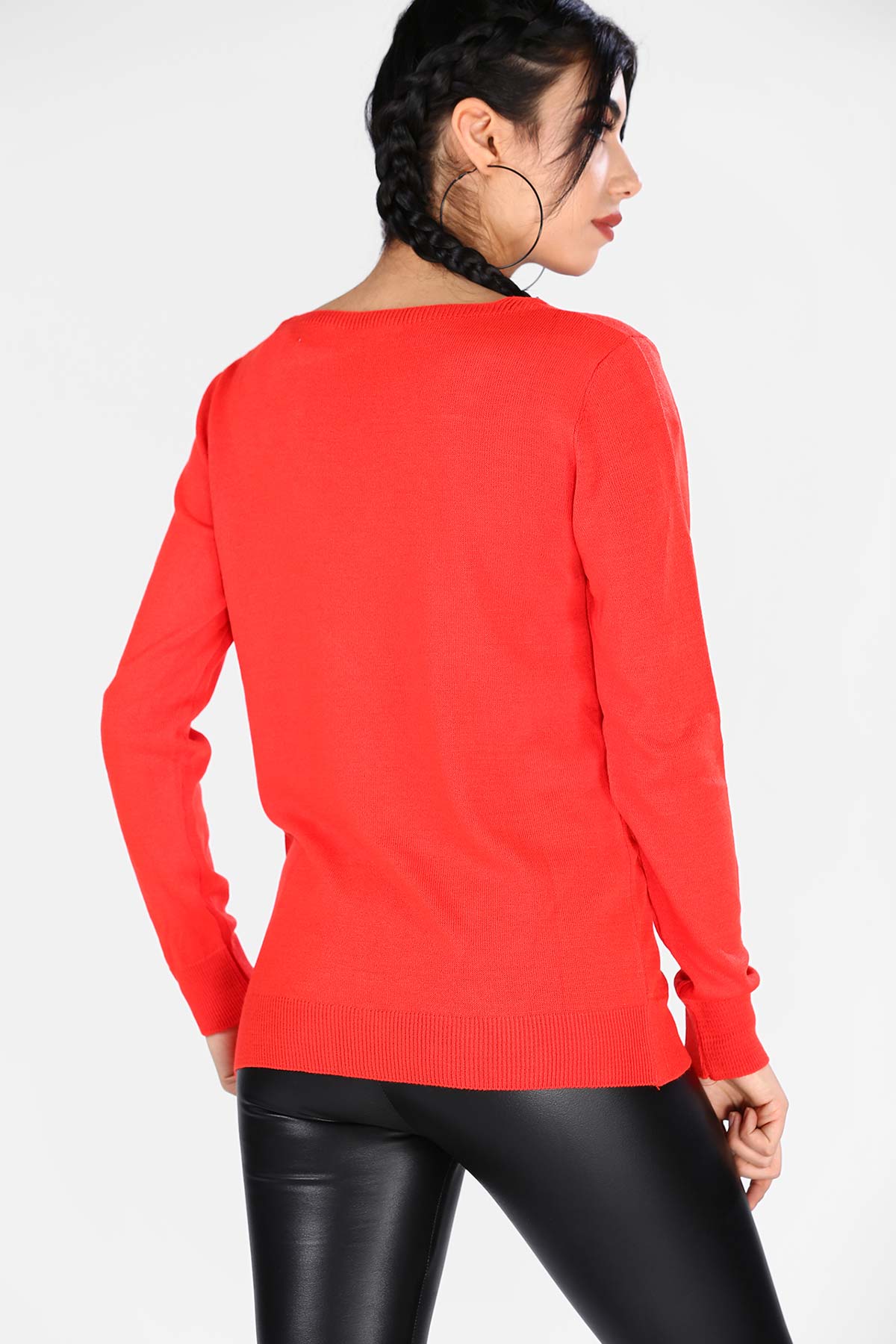 Women's Faux Buttoned Vermilion Tricot Pullover