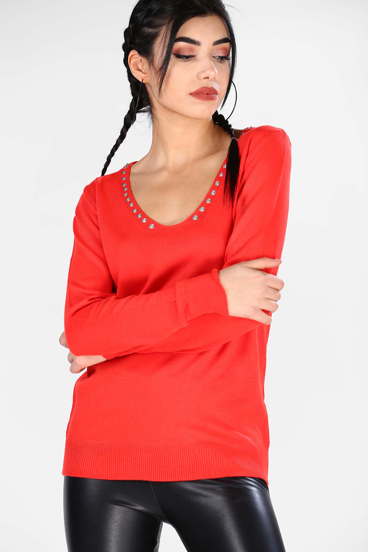 Women's Faux Buttoned Vermilion Tricot Pullover
