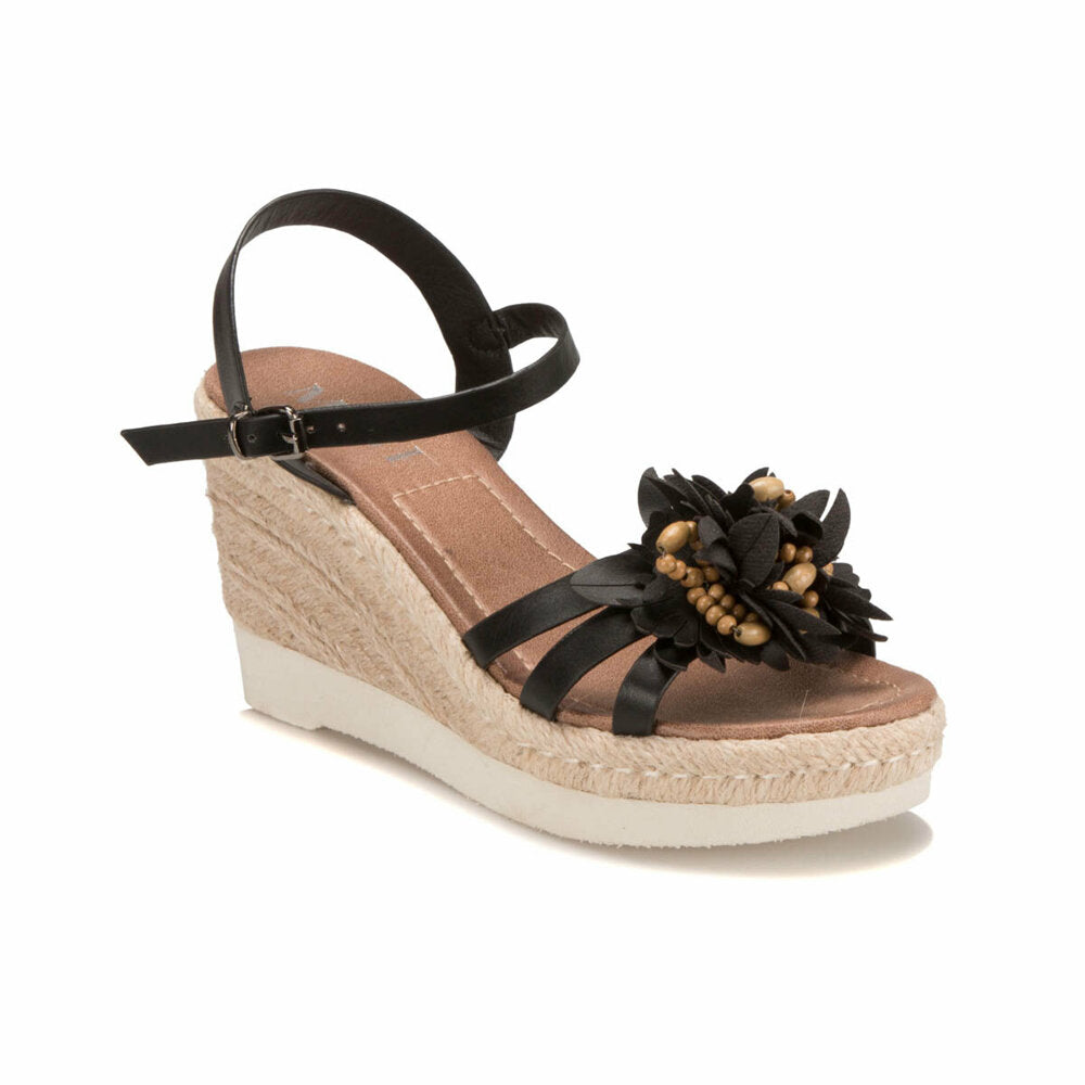 Women's Floral Detail Black Wedge Sandals