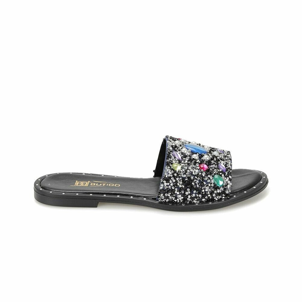Women's Black Silvery Gemmed Slippers