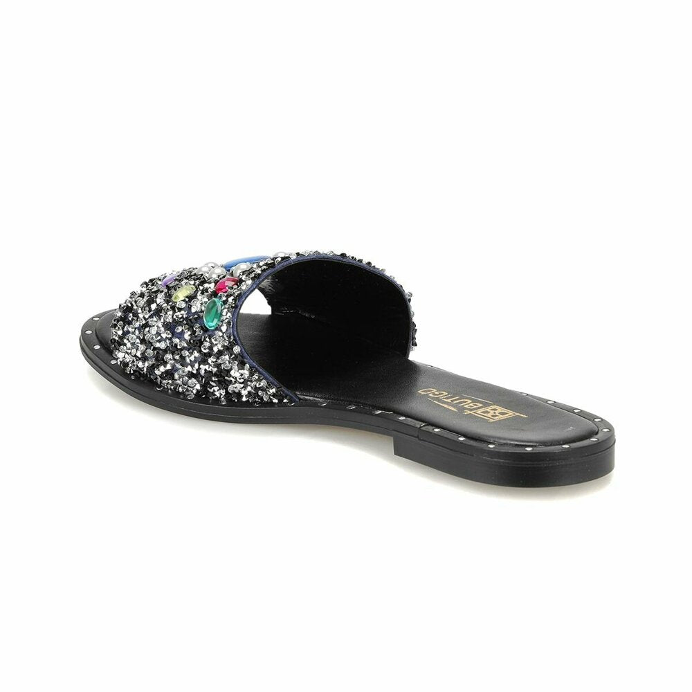 Women's Black Silvery Gemmed Slippers