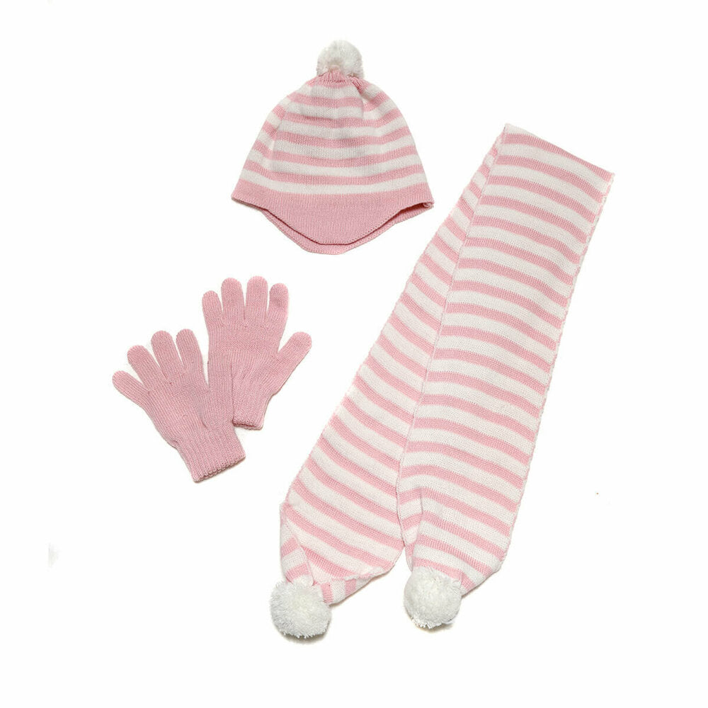 Girl's Light Pink Ecru Beanie Scarf Gloves Set