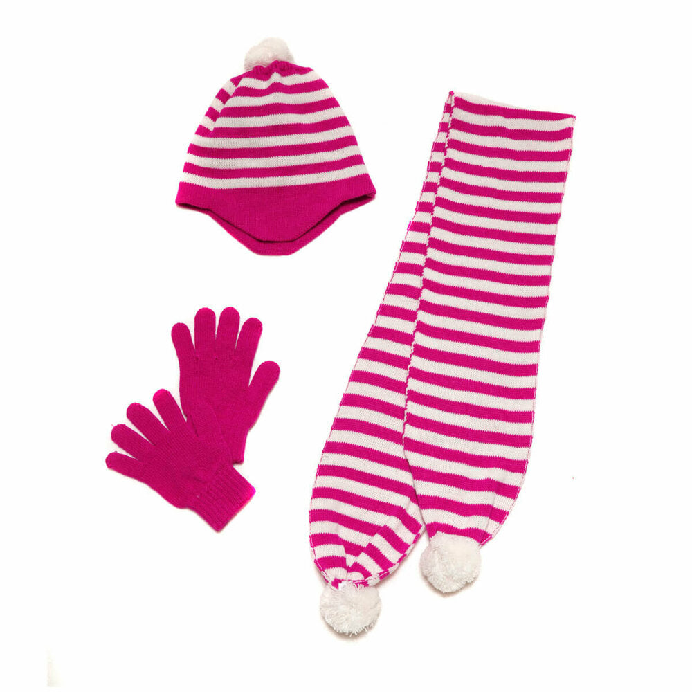 Girl's Fuchsia Ecru Scarf Beanie Gloves Set