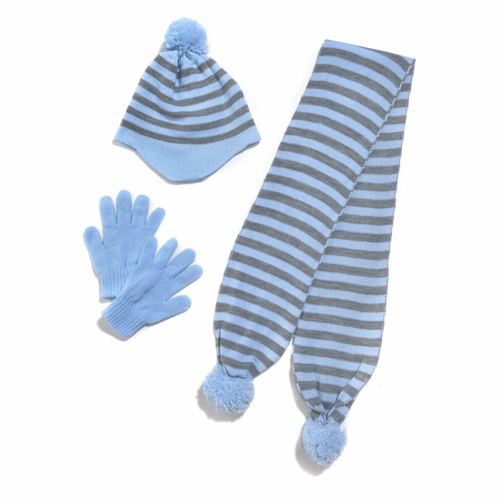 Boy's Grey Blue Beanie Scarf Gloves Set