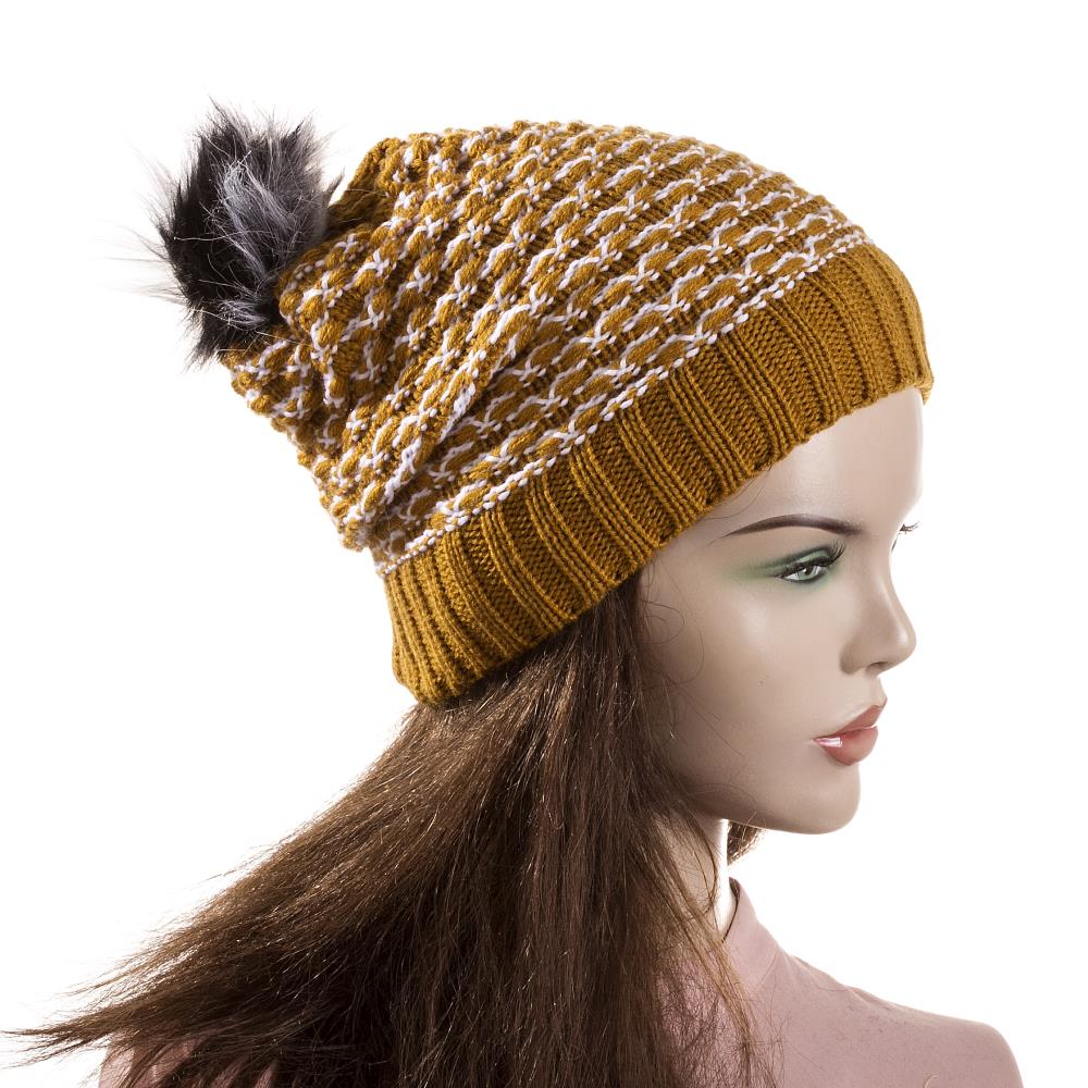 Women's Bobble Mustard Wool Beanie