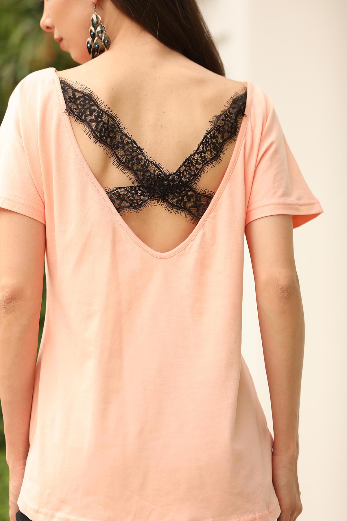 Women's Lace Back Detail Salmon Blouse