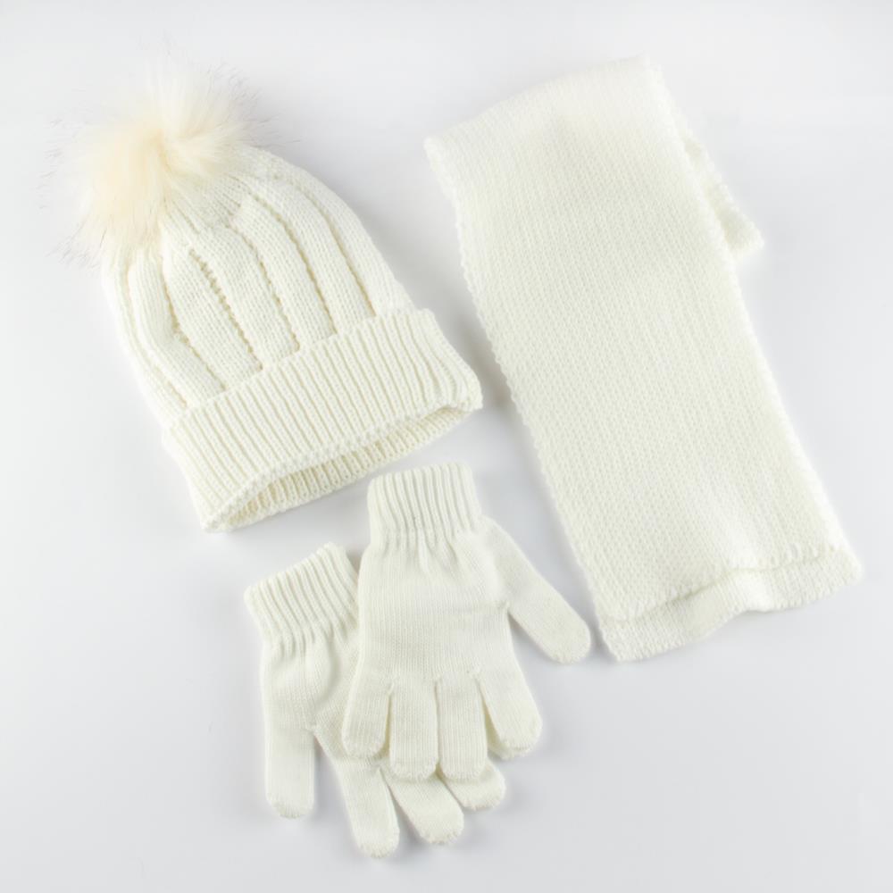 Kid's White Gloves, Beanie & Scarf Set
