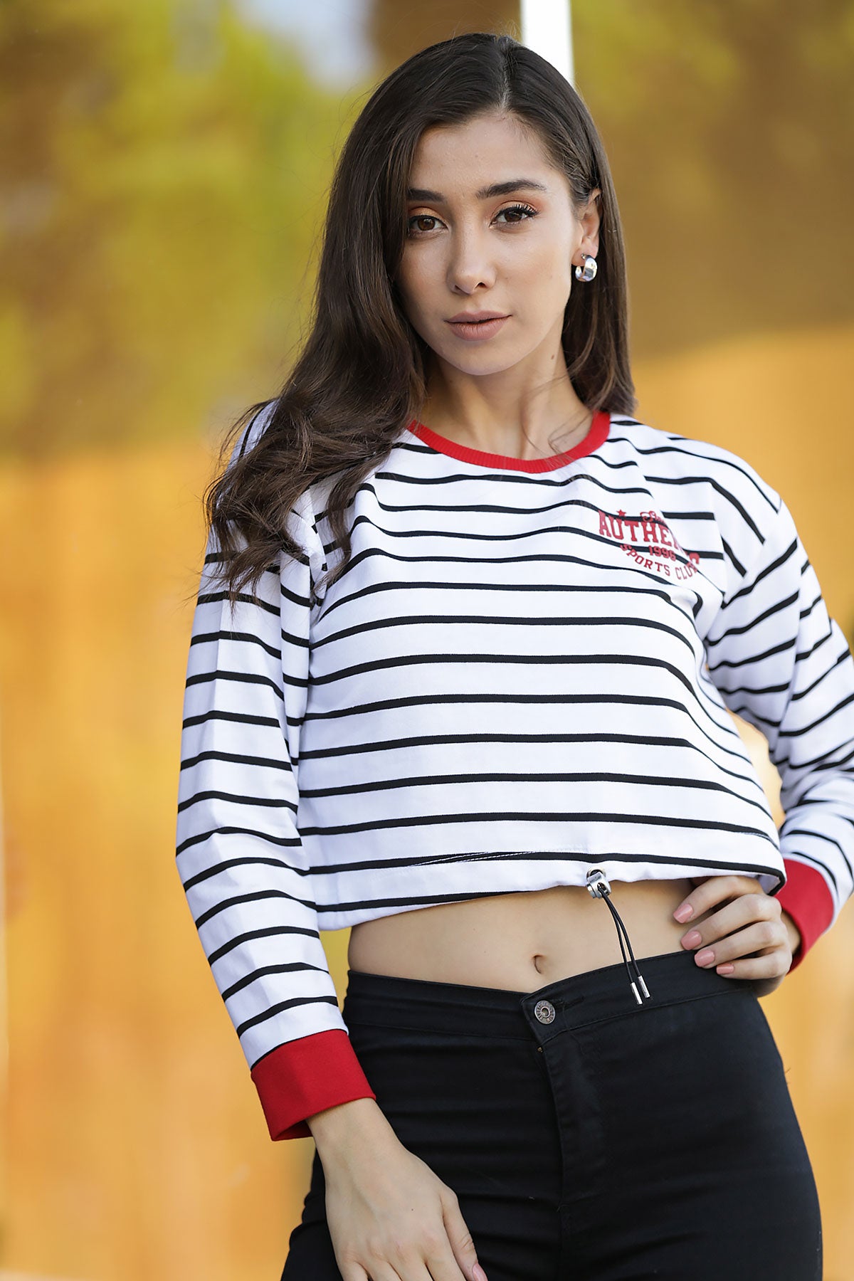 Women's Striped White Crop Sweatshirt