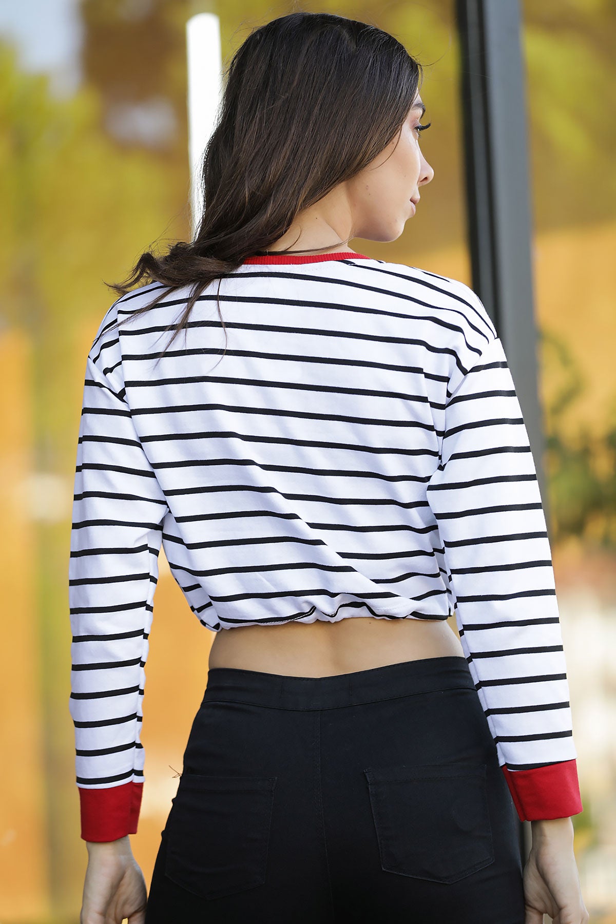 Women's Striped White Crop Sweatshirt