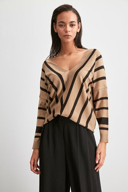 Women's Striped Camel Tricot Sweater