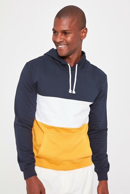 Men's Hooded Kangaroo Pocket Color Block Sweatshirt