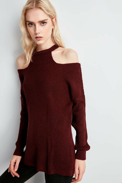 Women's Open Shoulders Claret Red Tricot Sweater