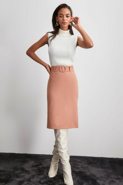Women's Belted Camel Short Skirt