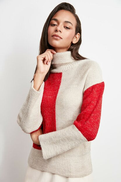 Women's Color Block Beige Tricot Sweater