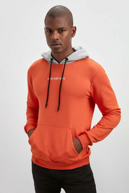 Men's Hooded Kangaroo Pocket Orange Sweatshirt