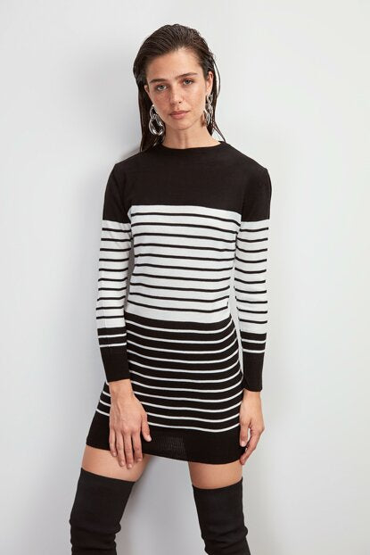 Women's Striped Long Black Tricot Sweater