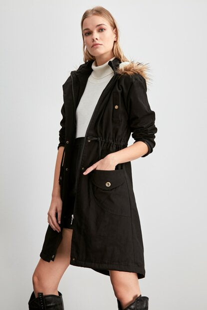 Women's Hooded Inner Furry Black Coat