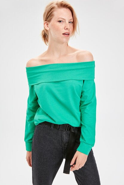 Women's Off Shoulders Green Sweatshirt