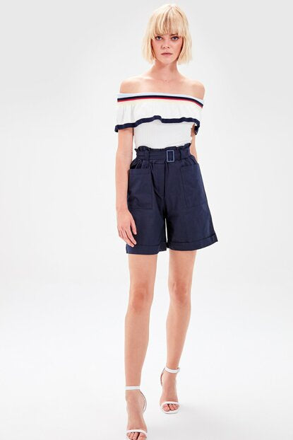 Women's Belted Navy Blue Shorts