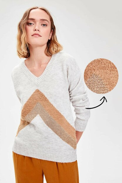 Women's Glitter Stripe Detail Ecru Tricot Sweater