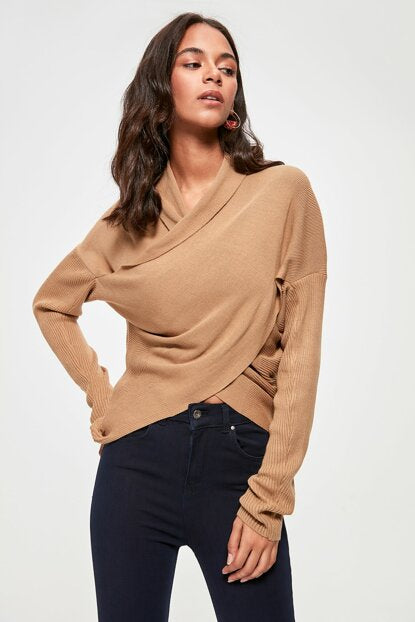 Women's Wrap Collar Camel Tricot Sweater