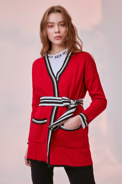 Women's Belted Red Tricot Cardigan