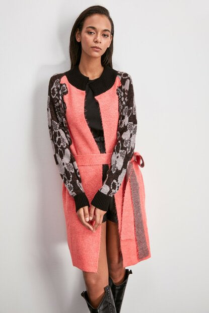 Women's Patterned Pink Tricot Cardigan