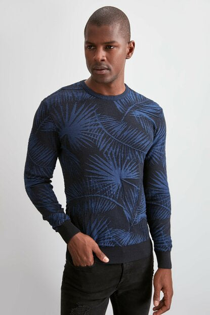 Men's Patterned Crew Neck Indigo Sweater