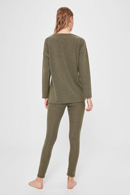 Women's Heart Print Khaki Soft Pajama Set