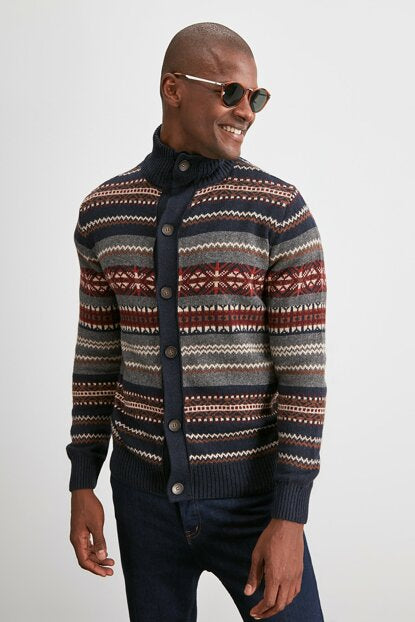 Men's Navy Blue Jacquard Cardigan