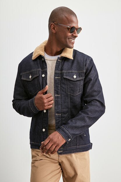 Men's Lined Artificial Wool Detail Navy Blue Denim Jacket