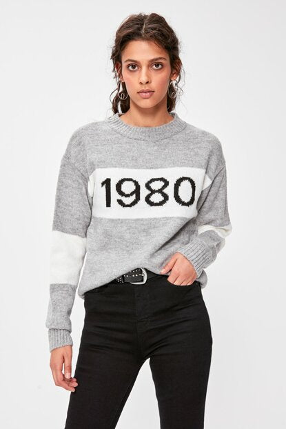 Women's Printed Grey Tricot Sweater