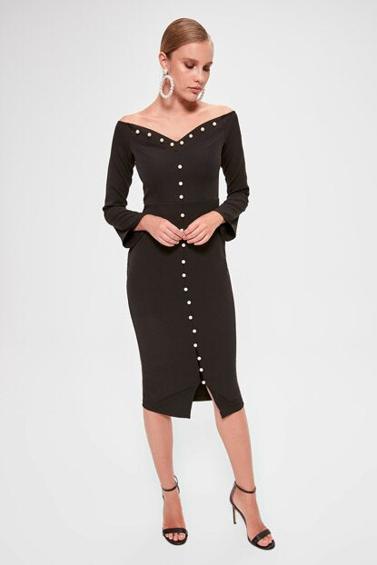 Women's Pearl Button Black Short Dress