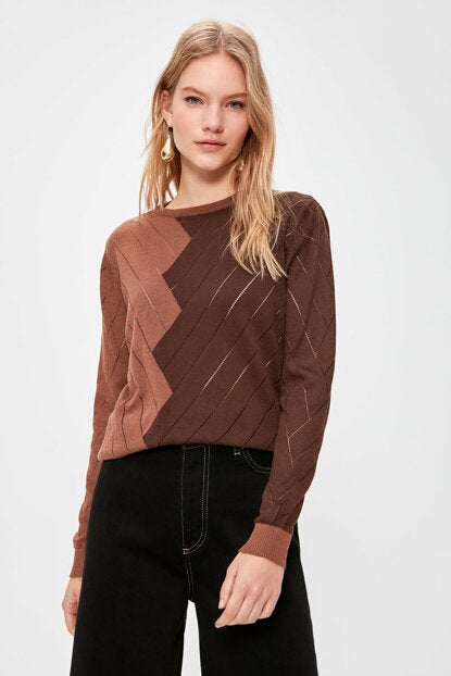 Women's Crew Neck Color Block Tricot Sweater