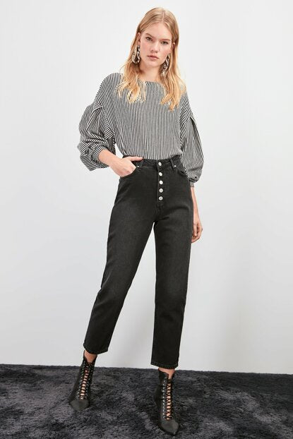 Women's High Waist Button Anthracite Mom Jeans