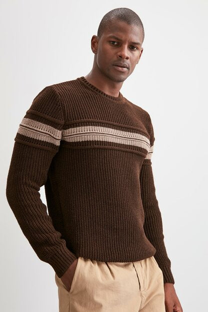 Men's Crew Neck Brown Rib Sweater