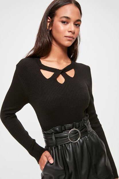 Women's Cut Out Detail Black Tricot Sweater