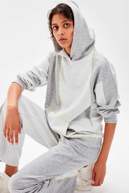 Women's Hooded Stitched Grey Sweatshirt