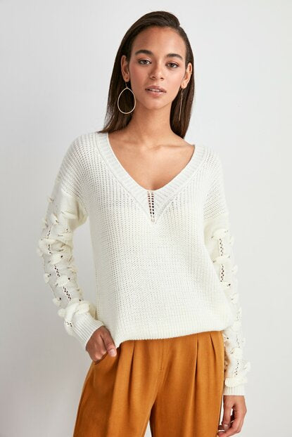 Women's V Neck Ecru Tricot Sweater