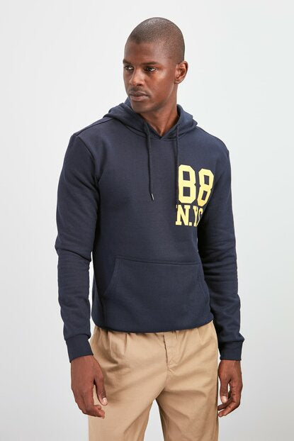 Men's Hooded Kangaroo Pocket Printed Navy Blue Sweatshirt