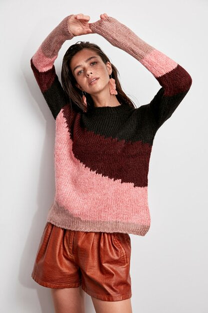 Women's Pink Color Block Tricot Sweater