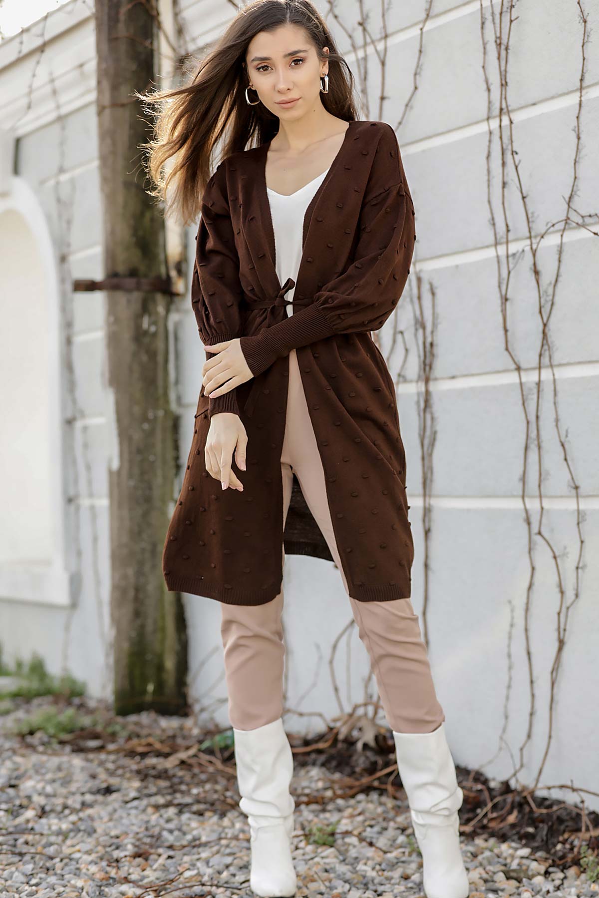 Women's Bobble Belted Brown Cardigan
