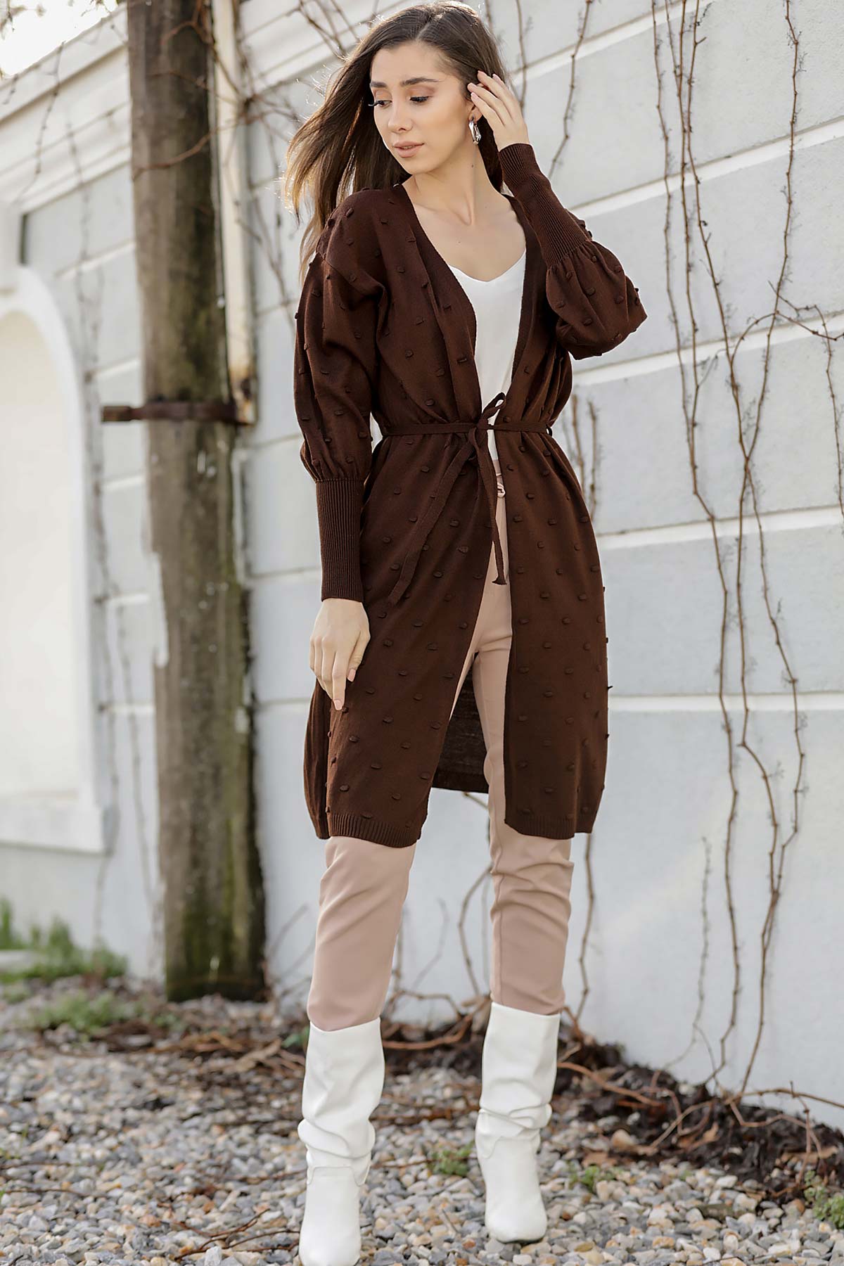 Women's Bobble Belted Brown Cardigan