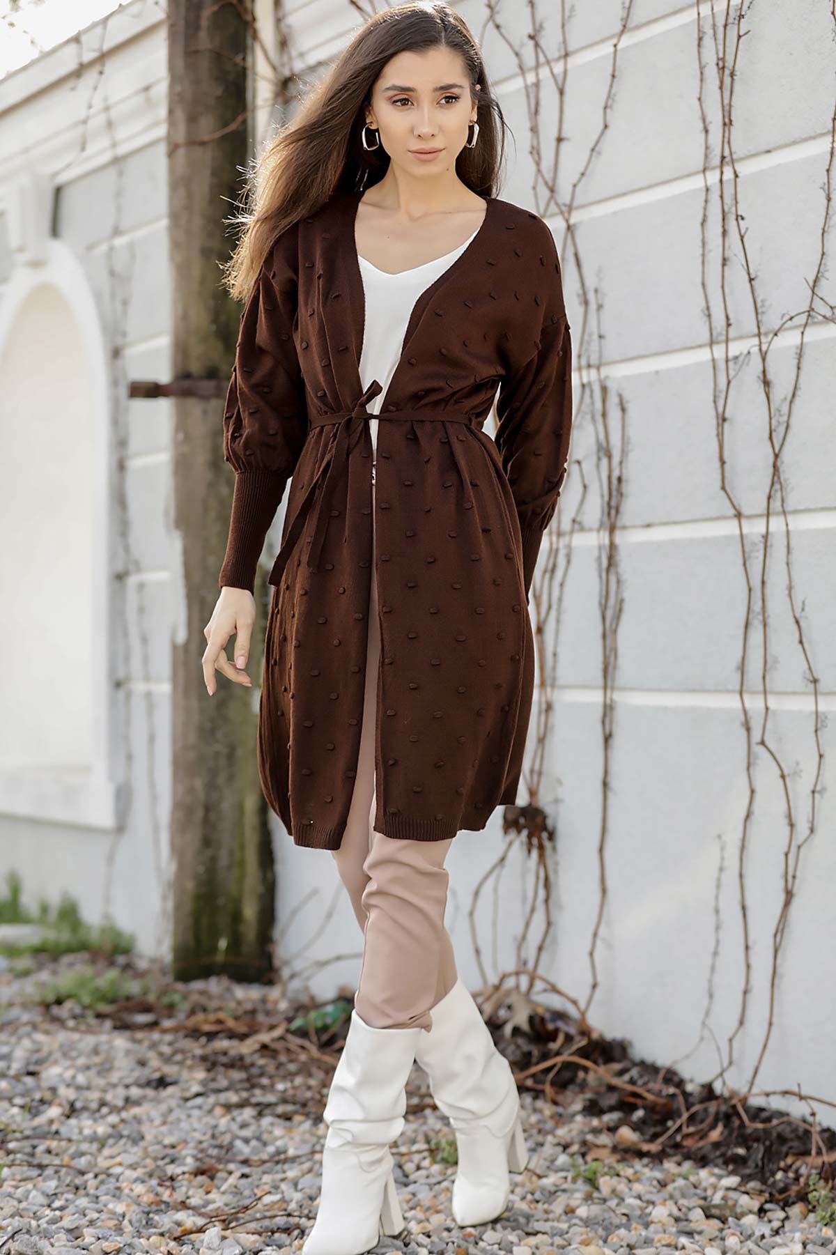Women's Bobble Belted Brown Cardigan