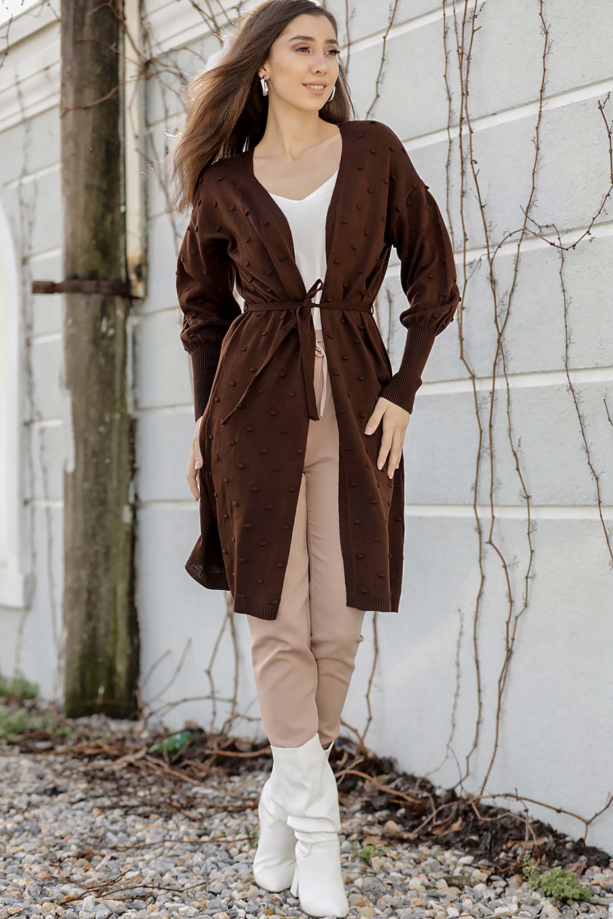 Women's Bobble Belted Brown Cardigan
