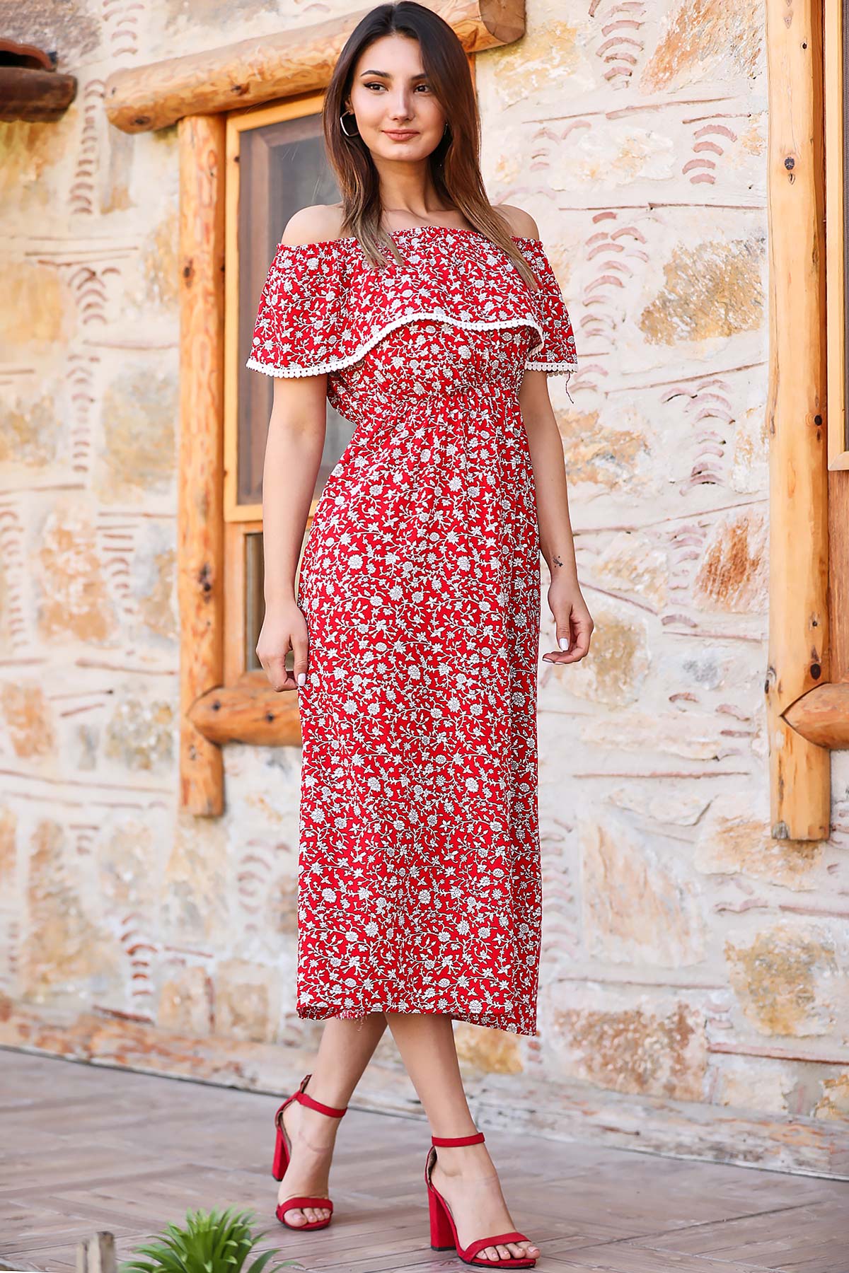 Women's Off Shoulders Floral Pattern Red Midi Dress