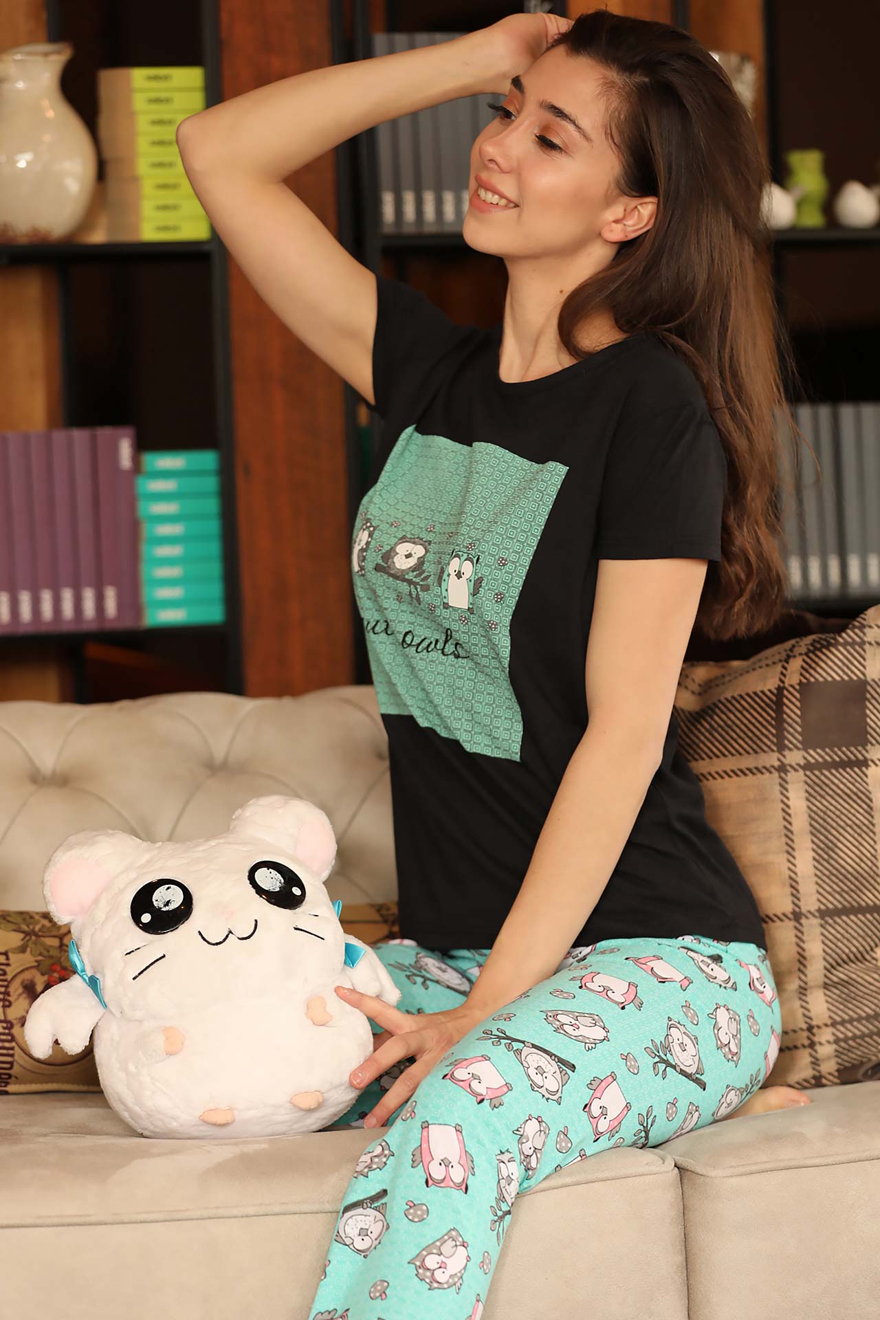 Women's Patterned Black Mint Green Pajama Set